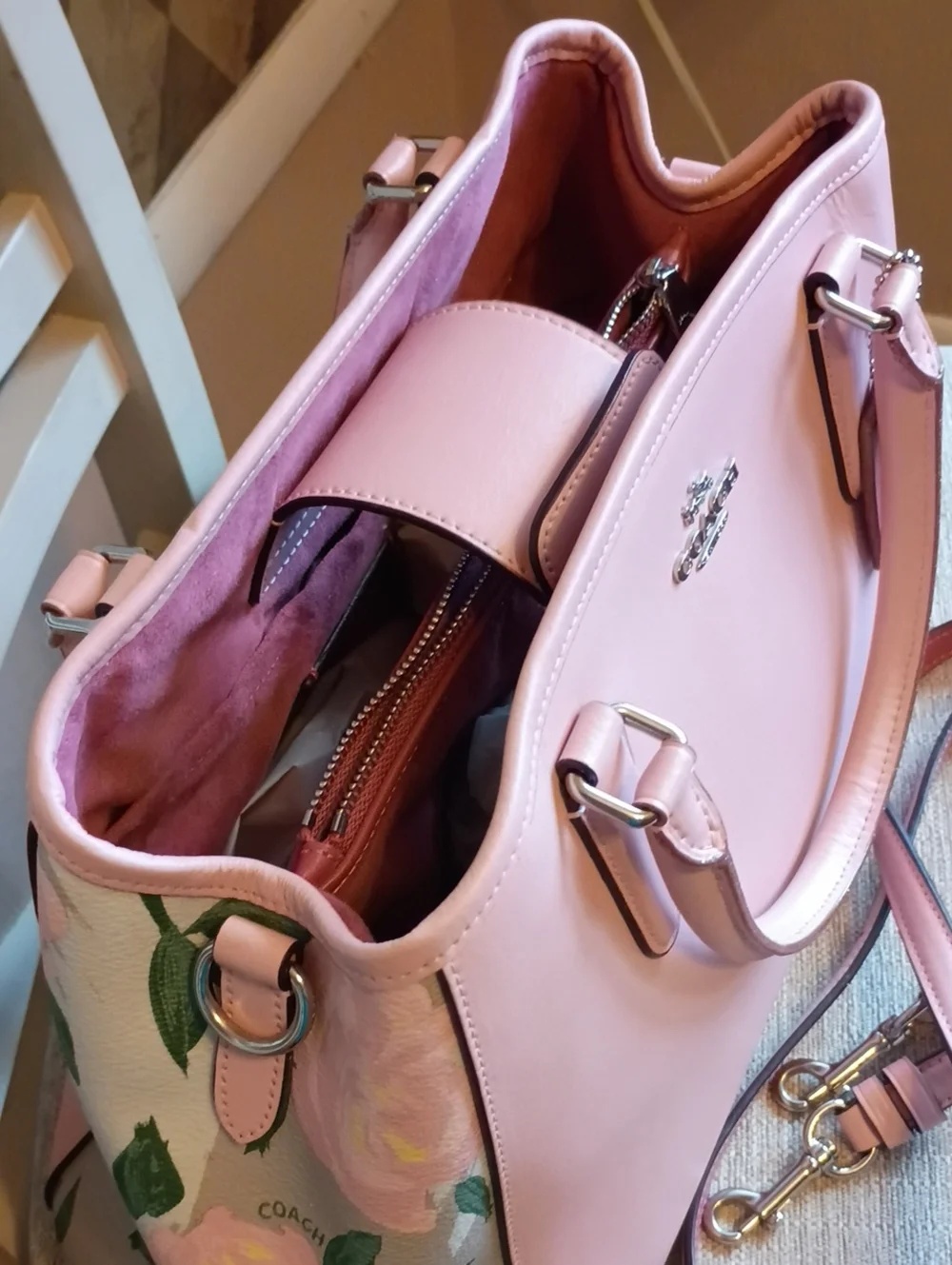 Coach Margo Pink Rose Print Carryall leather Satchel